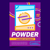 Powder Laundry Detergent Advertising Banner Vector. Washing And Cleaning Clothes Powder In Plastic Bag. New Formula Cleaner Packaging Concept Template Stylish Colorful Illustration