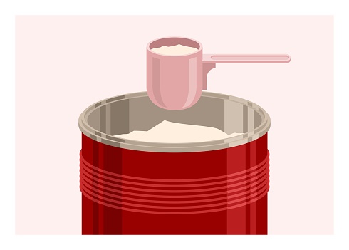 Powder milk in tin container and plastic spoon. Simple flat illustration.