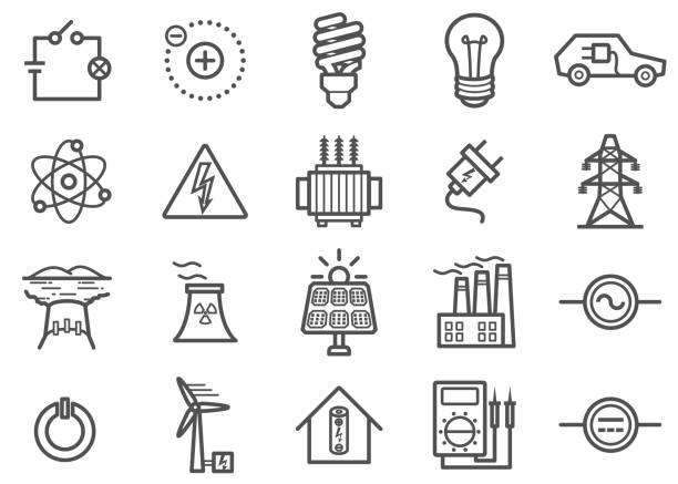 ilustrações de stock, clip art, desenhos animados e ícones de power and electricity line icons set - pilha fornecimento de energia