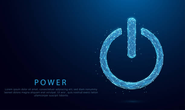 power button concept on Low Poly wireframe blue illustration on dark background. Lines and dots. vector art illustration