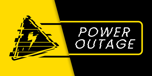 Power cut web banner has warning sign with glitch effect the one is on the black and yellow background.