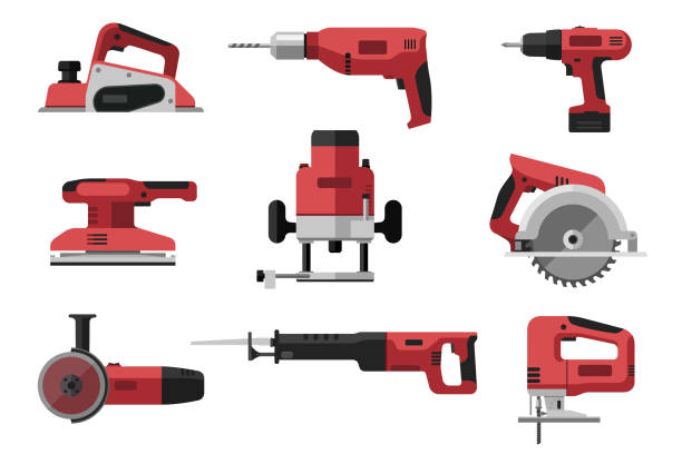 Power electric tools Power electric tools set in flat style. Red industrial instrument. Illustrations of saws, drill, planer, grinders, screwdriver. electric saw stock illustrations