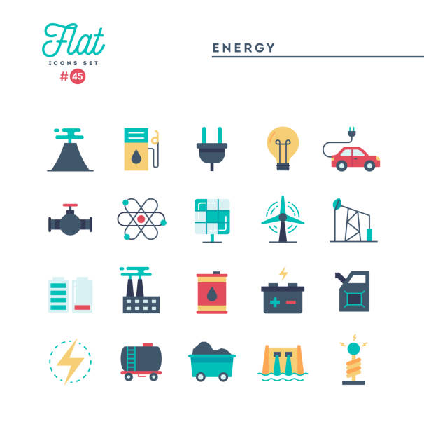 전력, 에너지, 전기 생산 및 더 많은, 아이콘 설정 - 배터리 전원 일러스트 stock illustrations