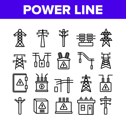 Power Line Electricity Collection Icons Set Vector. Power Line Tower And Electric Wire Cord, Transformer And Lightning Mark Concept Linear Pictograms. Monochrome Contour Illustrations