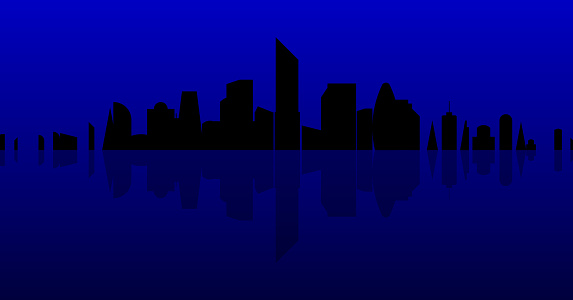 Power outage night view of blue cityscape of skyscrapers, with reflection