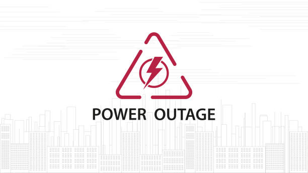 Power outage, warning red line sign with triangular icon of electricity and line silhouette of city on background, white illustration Power outage, warning red line sign with triangular icon of electricity and line silhouette of city on background, white illustration lightning silhouettes stock illustrations