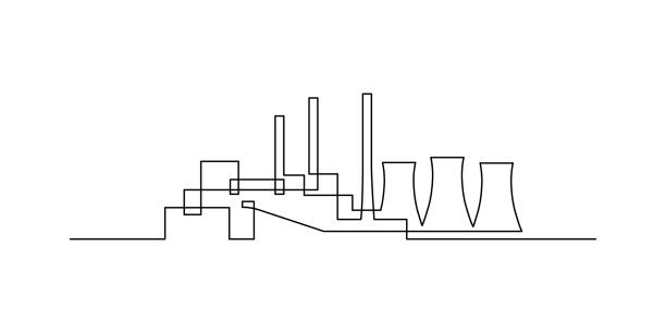 Power plant Power plant in continuous line art drawing style. Power station with cooling towers minimalist black linear design isolated on white background. Vector illustration factory drawings stock illustrations