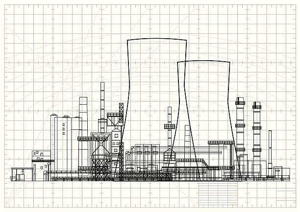 Power Station Blueprint Nuclear Power Plant Blueprint. factory drawings stock illustrations