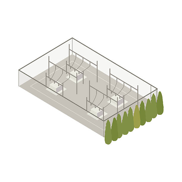Power substation isometric illustration Electrical substation includes outer fence, transformers and wiring, with a row of shrubs. Facility is seen from an aerial isometric perspective. Illustration includes high quality jpeg and vector eps files. electricity substation stock illustrations