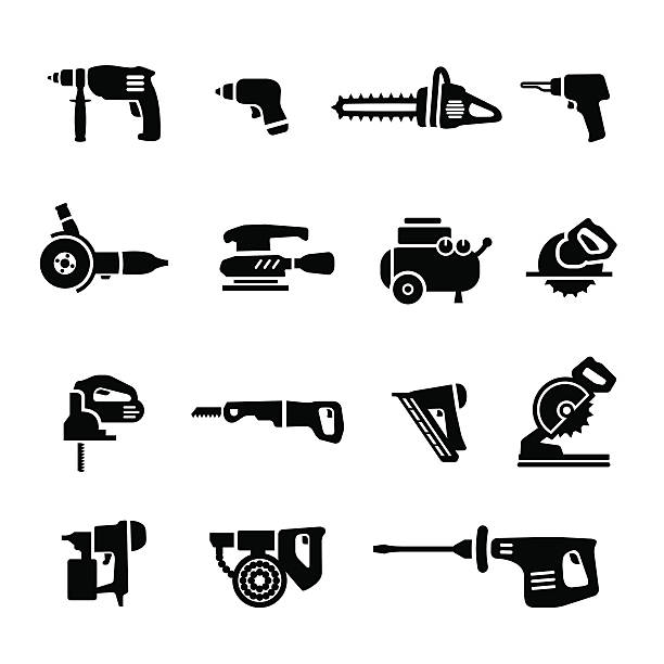 Power tools - vector set icons Power tools icons set. High Resolution JPG,CS4 AI and Illustrator EPS 10 included. electric saw stock illustrations