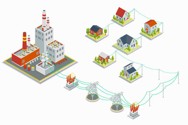 Powerhouse and electric energy distribution vector infographic. 3D isometric concept Powerhouse and electric energy distribution vector infographic. 3D isometric concept. Electricity industrial, industry power station, voltage electrical illustration electricity transformer stock illustrations