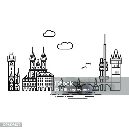 istock Prague cityscape with landmarks isolated line icon style vector illustration 1296124879