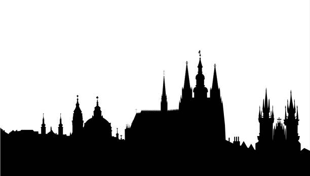 Prague skyline - famous landmark - vector Famous landmarks of Prague - Prague castle, church of saint Nikolas, church of Virgin Mary front Tyn and coat of arms. hradcany castle stock illustrations