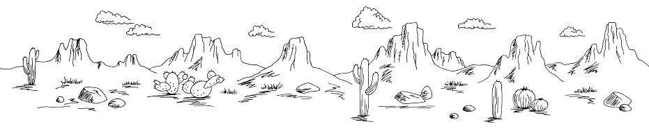 Prairie graphic black white wild west desert long landscape sketch illustration vector