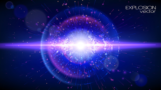 Praxis effect. Vector. Abstract futuristic background. A supernova explosion in outer space. Dark, dark blue and violet tones. The space of the universe. Nebula and plasma. Infinity. Place for text.