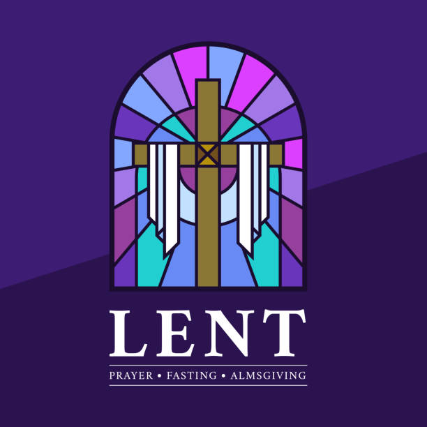 LENT, prayer, fasting and almsgiving text and Stained Glass Window Cross lent sign on dark purple background vector Design LENT, prayer, fasting and almsgiving text and Stained Glass Window Cross lent sign on dark purple background vector Design lent stock illustrations