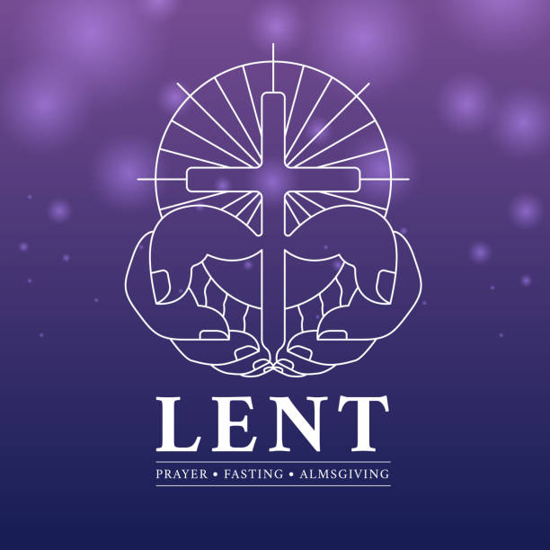 LENT, prayer, fasting and almsgiving with white line hands hold cross crucifix sign on light purple and blue background vector design LENT, prayer, fasting and almsgiving with white line hands hold cross crucifix sign on light purple and blue background vector design lent stock illustrations