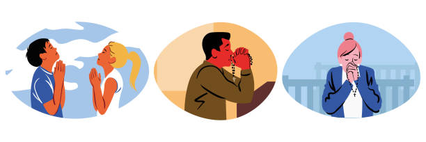 Prayer, religion, faith set concept Prayer, religion, faith set concept. Collection of religious men women cartoon characters christians praying to god lord begging for luck protection and support. Chrsitianity and Jesus Christ belief. prayer request stock illustrations