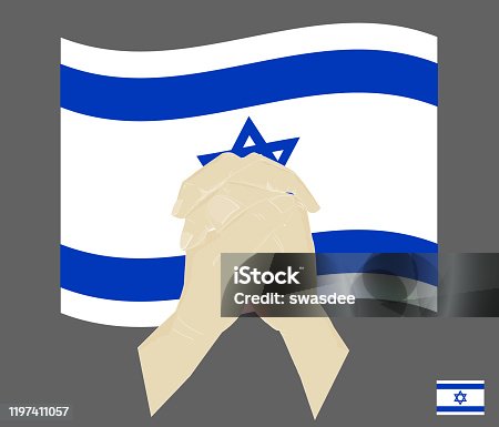istock Praying hands with the State of Israel National Flag , Pray for israel concept, Save israel, cartoon graphic, sign symbol background, vector illustration. 1197411057