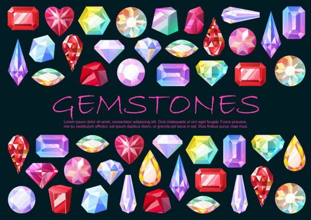 Precious stones, cut gemstones and brilliants Gemstones, precious stones and cut gems, jewelry items. Vector diamond and rhinestone,sapphire and brilliant, aquamarine and amethyst, tourmaline. Luxury crystals of various shaped, jewelry details zoisite stock illustrations