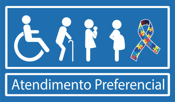 Preferential care Translation for Atendimento Preferencial is priority treatment. Portuguese language. Disability, elderly, pregnant and woman with baby and autism. Vector sign. pregnant icons stock illustrations