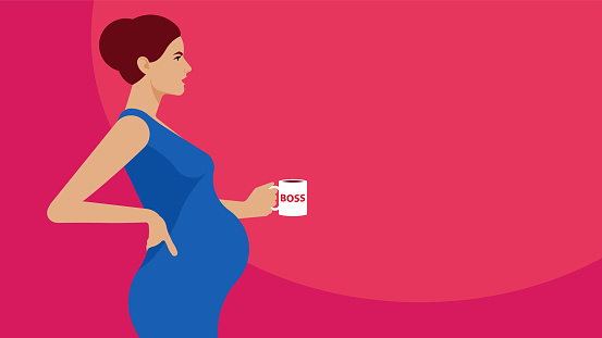 Pregnancy at work concept. Female boss is standing and keeping mug of coffee. Female manager, the skirt boss, realistic woman