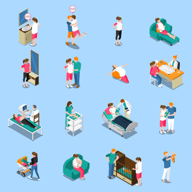 pregnancy birth newborn isometric icons Pregnancy isometric icons isolated on blue background with medical examination, woman waiting baby, parents, newborn vector illustration pregnant symbols stock illustrations