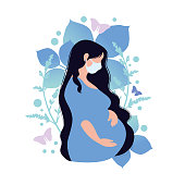 Beautiful Vector Illustration of a Pregnant woman with a medical mask. Pregnancy During the Coronavirus Epidemic Concept
