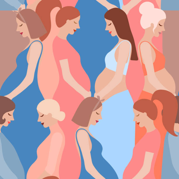 Pregnancy motherhood people expectation seamless pattern background Pregnancy motherhood people expectation seamless pattern background pregnant woman character life with big belly vector illustration pregnant backgrounds stock illustrations