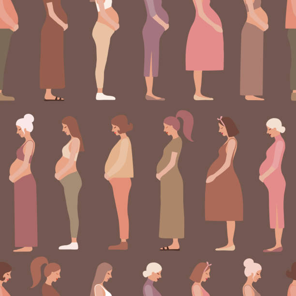 Pregnancy motherhood people expectation seamless pattern background Pregnancy motherhood people expectation seamless pattern background pregnant woman character life with big belly vector illustration pregnant borders stock illustrations