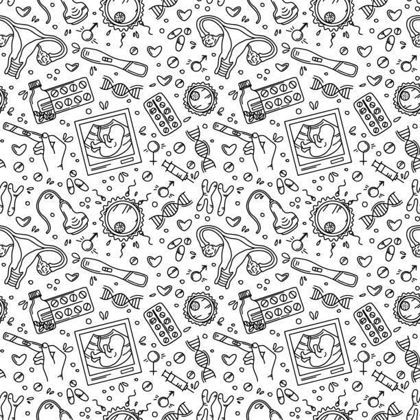 Pregnancy seamless pattern in Doodle style, prenatal care Pregnancy seamless pattern in Doodle style, prenatal care for woman. Vector linear hand drawing symbols of gestation pregnant designs stock illustrations