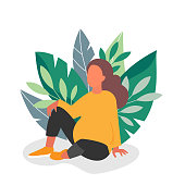 Pregnant woman on background with green leaves. Young girl expecting baby resting in park. Vector pregnancy illustration.