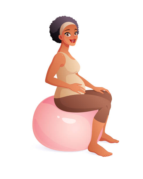 Pregnant African woman sitting on fitness ball. Pregnancy vector illustration. Beautiful African American pregnant woman sitting on fitball. Pregnancy vector illustration isolated on white background. pregnant clipart stock illustrations