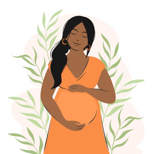 pregnant afro woman Pregnant woman, future mom of African appearance, standing in nature and hugging belly with arms. Health, care, pregnancy, motherhood concept, Happy Mother's Day.  Flat vector illustration. african american mothers day stock illustrations