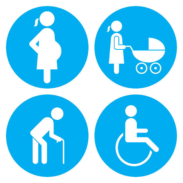 Pregnant, baby carriage, Walking stick and wheelchair Icons Eps10 vector illustration with layers (removeable). Pdf, Png and high resolution jpeg file included (300dpi). pregnant symbols stock illustrations