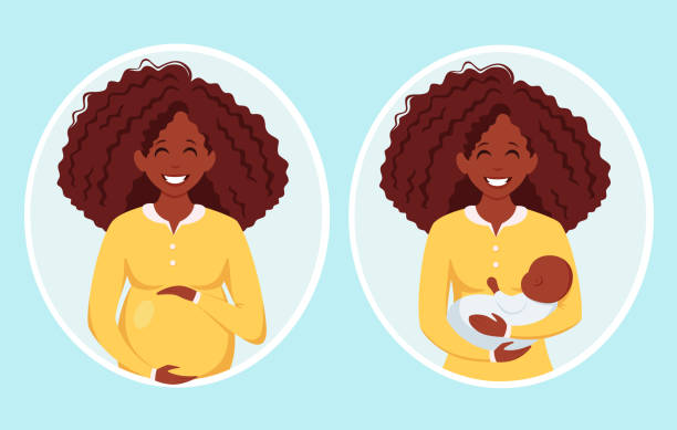 Pregnant black woman. Afro american woman with newborn. Pregnancy, motherhood. Vector illustration.  african american mothers day stock illustrations