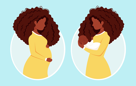 Pregnant black woman. Afro american woman with newborn. Pregnancy, motherhood. Vector illustration.