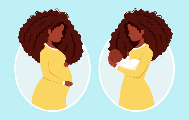 Pregnant black woman. Afro american woman with newborn. Pregnancy, motherhood. Vector illustration. Vector illustration for cards, icons, postcards, banners, logotypes, posters and professional design. african american mothers day stock illustrations