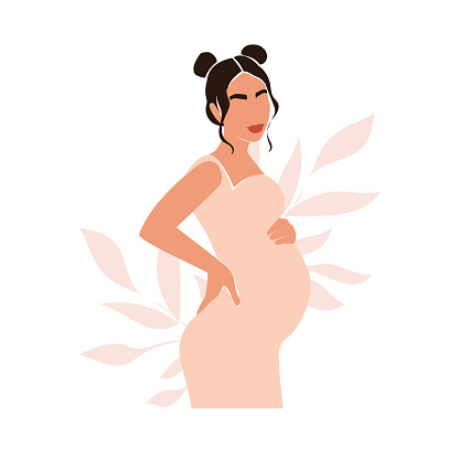 Pregnant girl and leaves in abstract flat style. Mother concept. Vector illustration modern trend in simple style for branding, social media concept