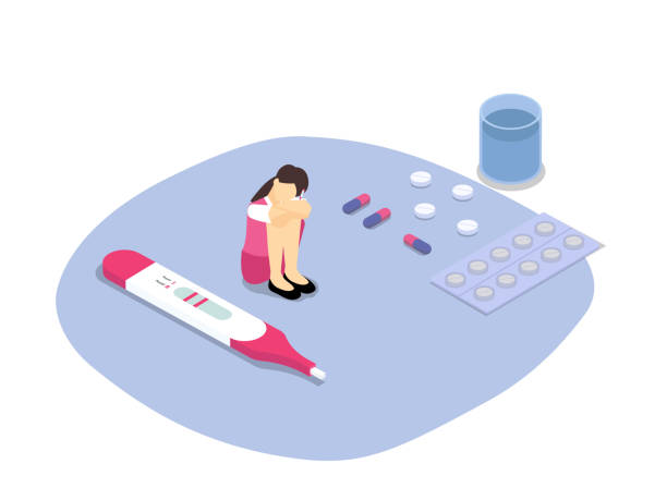 임신 테스트 팩과 약물을 가진 임신 한 소녀 - abortion stock illustrations