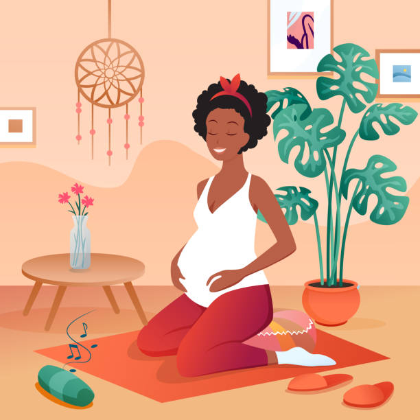 Pregnant happy woman practicing yoga, calm meditating at home, sitting on yoga mat Pregnant woman practicing yoga, calm meditating at home vector illustration. Cartoon young female character sitting on yoga mat for meditation, relaxing listening to music, happy pregnancy background pregnant backgrounds stock illustrations