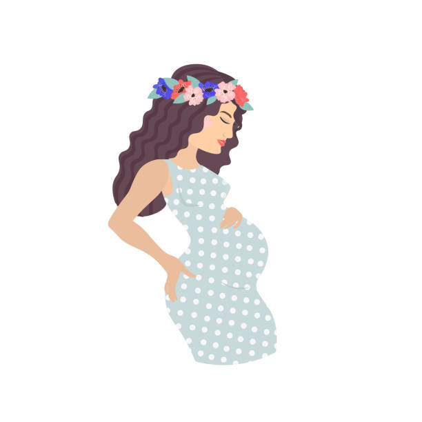 Pregnant latin american woman wearing floral wreath and polka-dot dress. Pregnant latin american woman wearing floral wreath and polka-dot dress. Vector illustration. pregnant drawings stock illustrations