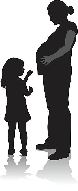 Pregnant Mom And Daughter A vector silhouette illustration of a mother and daughter.  The daughter is reaching for the mothers large, pregnant belly. pregnant silhouettes stock illustrations