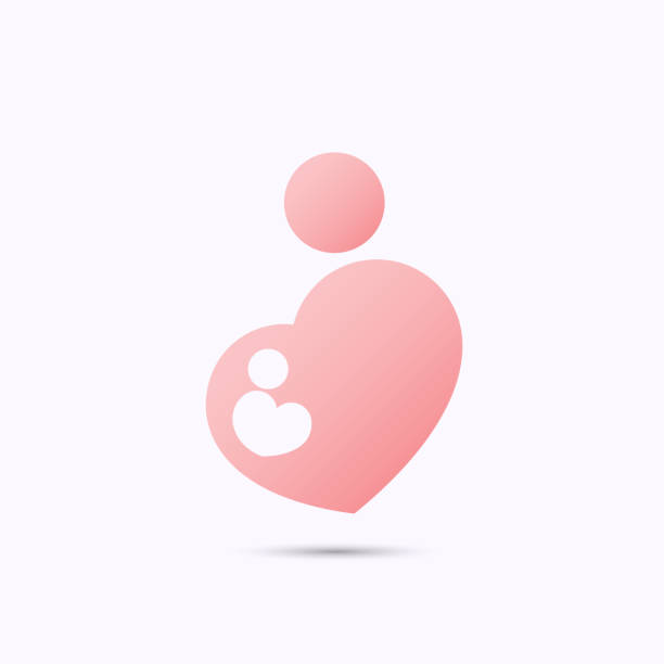 Pregnant mother and baby heart shaped symbol Simplified pink symbol of pregnant mother with baby in heart shape with heads, in stick figure style mother icons stock illustrations