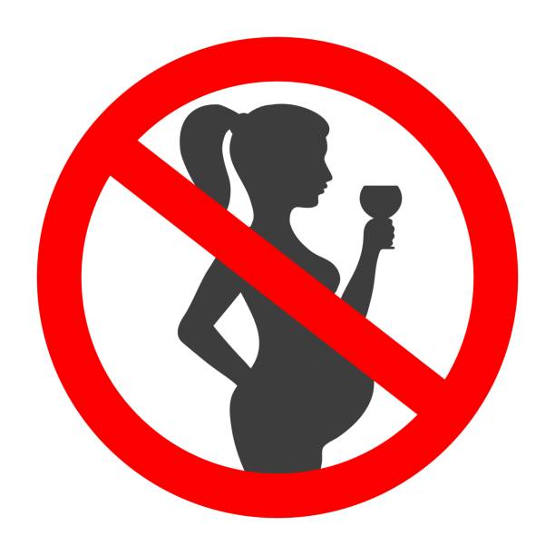 Pregnant no drinking alcohol sign Pregnant no drinking alcohol. No alcoholic drink on pregnancy period vector sign with pregnant woman silhouette alcohol drink symbols stock illustrations