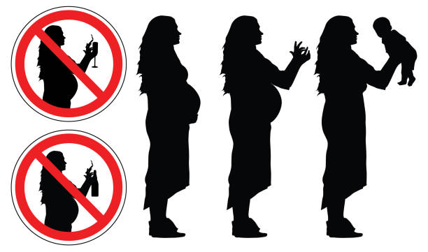 Pregnant woman and with baby, silhouette. Prohibition signs of smoking and drinking alcohol, set, vector. Pregnant woman and with baby, silhouette. Prohibition signs of smoking and drinking alcohol, set, vector. pregnant silhouettes stock illustrations