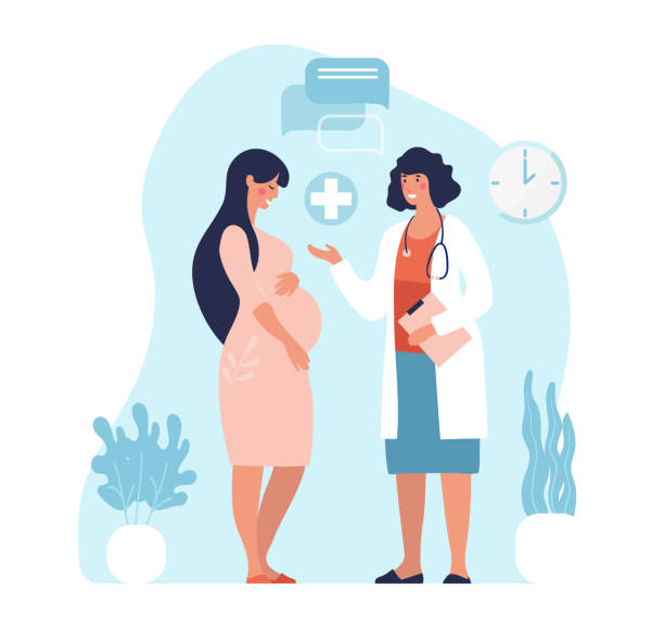 Pregnant woman at the doctor s appointment. A woman expecting a baby visits a doctor s office, examination during pregnancy. Flat vector illustration in cartoon design. Pregnant woman at the doctor s appointment. A woman expecting a baby visits a doctor s office, examination during pregnancy. Flat vector illustration in cartoon design. pregnant stock illustrations