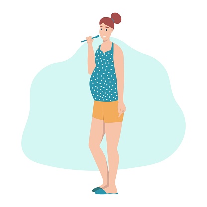 A pregnant woman brushes her teeth. The concept of everyday activities and daily life. Flat cartoon vector illustration.