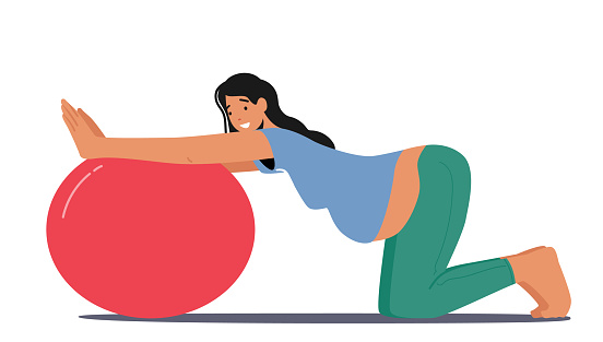 Pregnant Woman Character Doing Exercises with Fitball, Fitness during Pregnancy Concept. Expecting Mother with Big Tummy