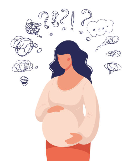 A pregnant woman doubts, is anxious, asks questions. The concept of pregnancy, maternity assistance, family support. Flat vector illustration. A pregnant woman doubts, is anxious, asks questions. The concept of pregnancy, maternity assistance, family support. Flat vector illustration pregnant backgrounds stock illustrations